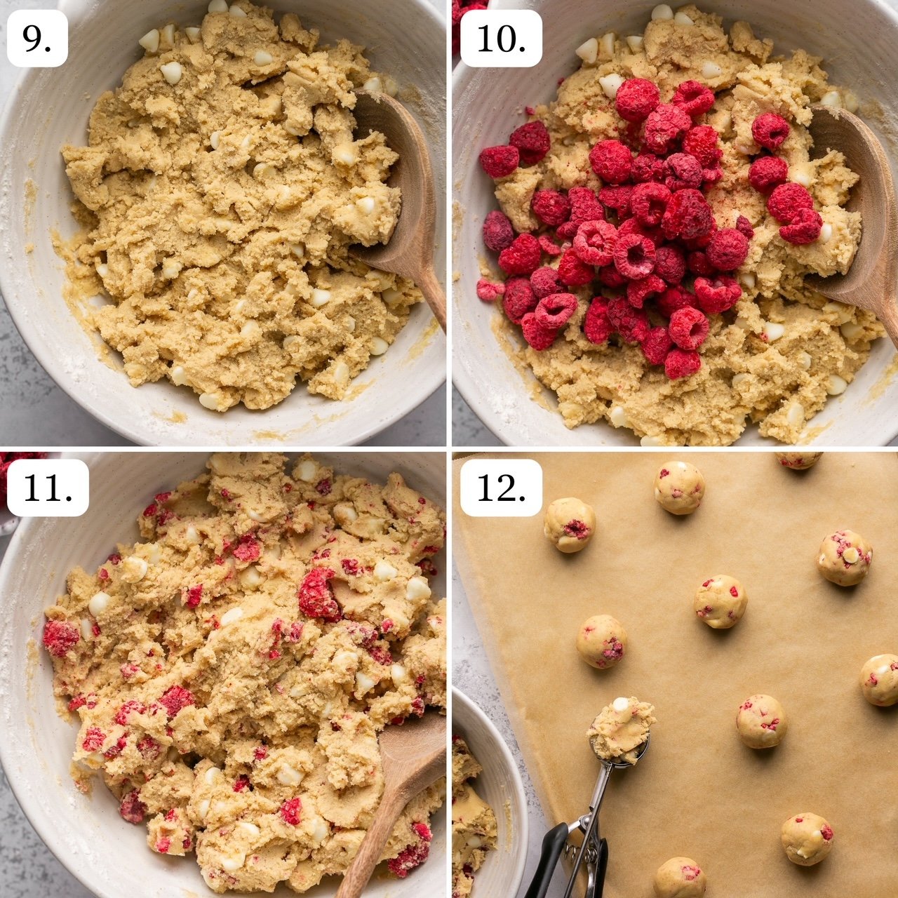 steps 9 through 12 for making white chocolate raspberry cookies