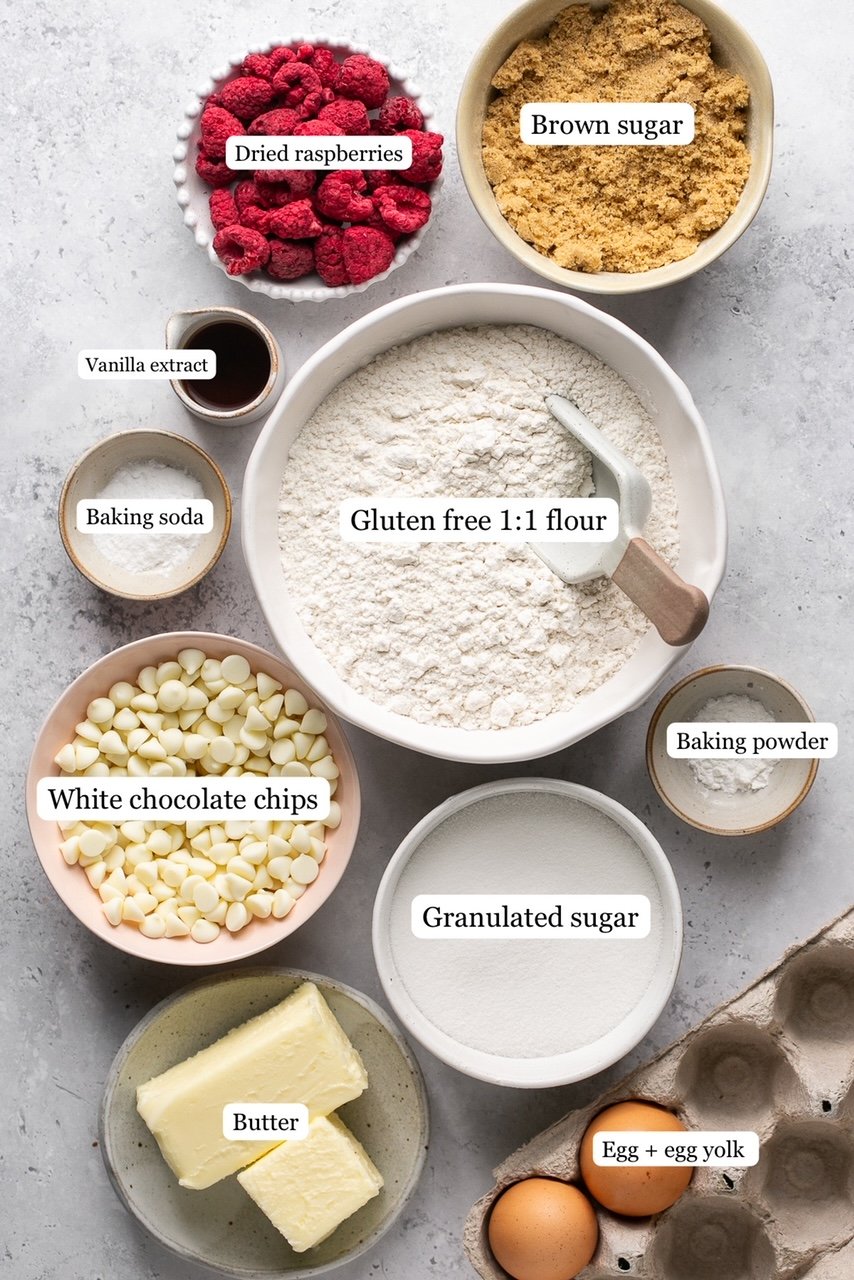 ingredients for white chocolate raspberry cookies