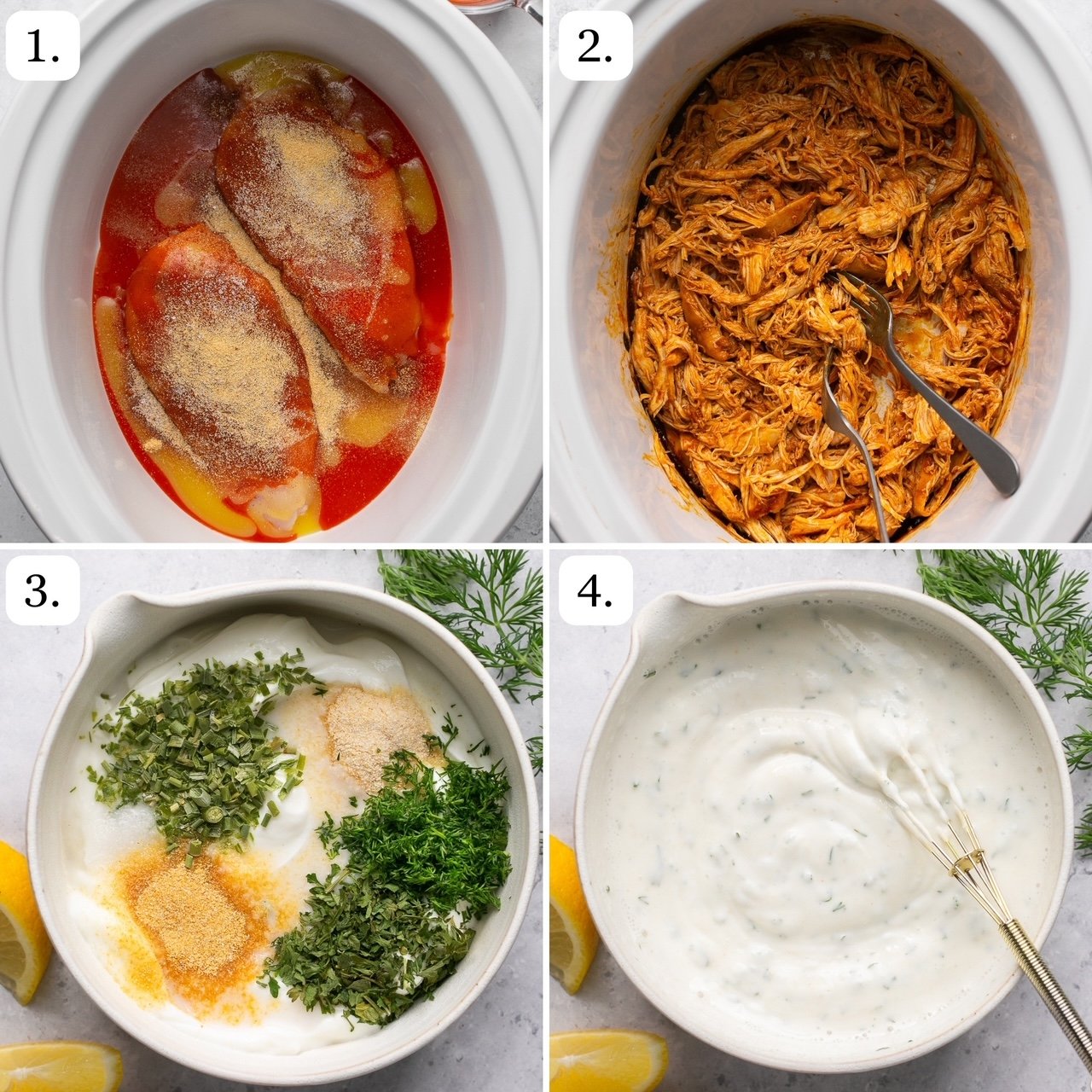 four steps for making slow cooker buffalo chicken and homemade ranch dressing