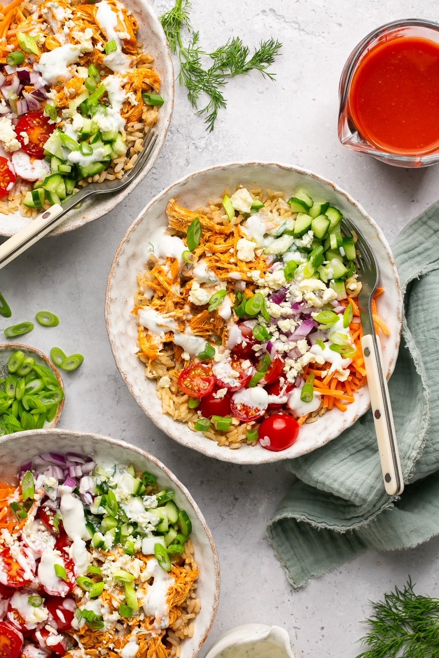 buffalo chicken rice bowls with ranch dressing