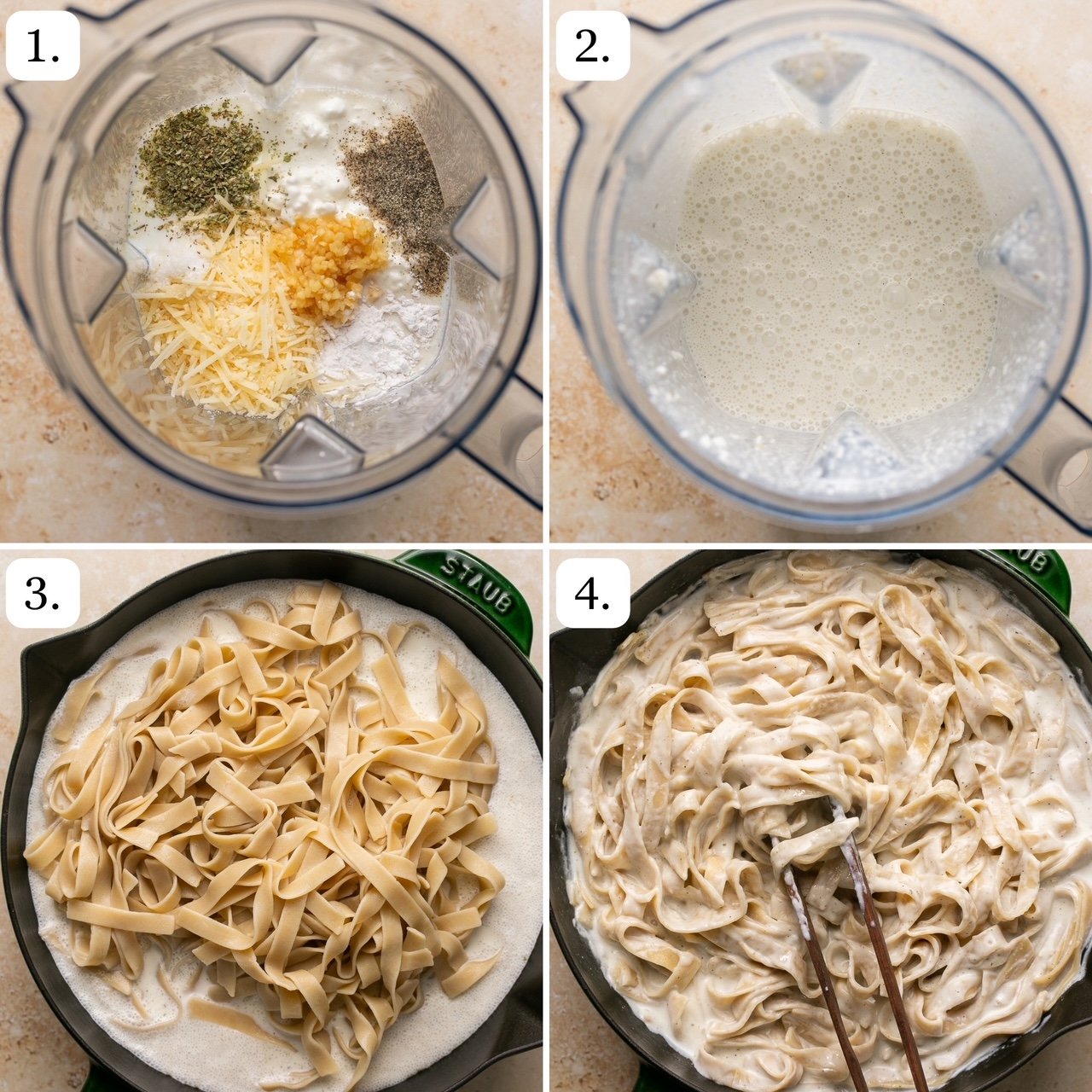 four steps for making cottage cheese alfredo in quadrants