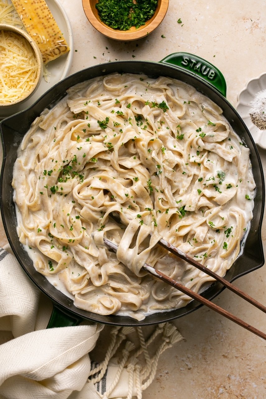 cottage cheese alfredo in a green and black skillet with tongs