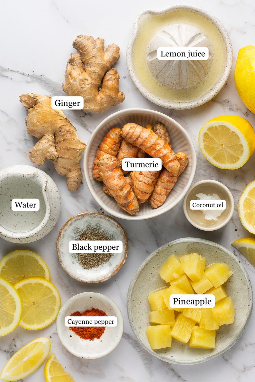 ingredients for making lemon ginger turmeric wellness shots