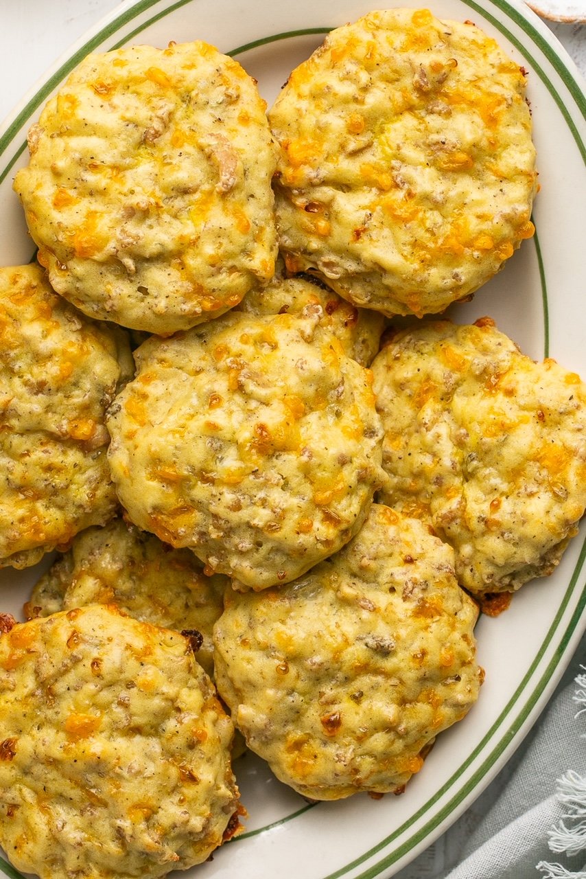 sausage and cheddar protein biscuits on a platter