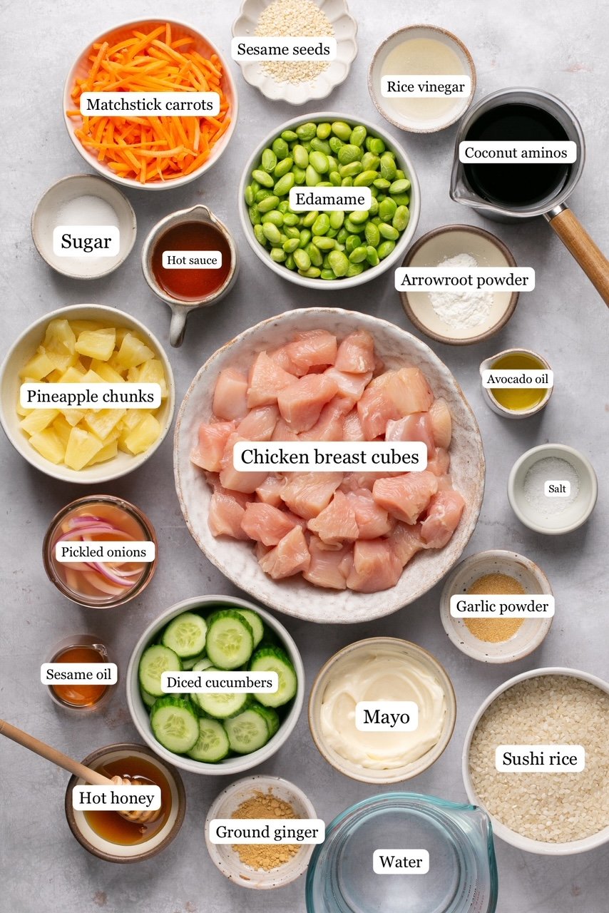 ingredients for chicken poke bowls in nesting bowls