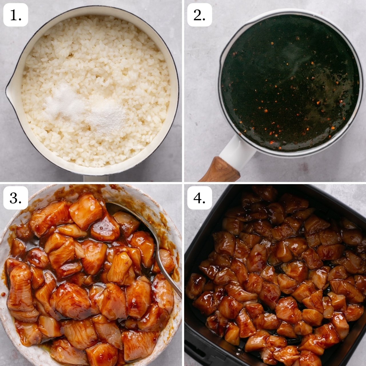 the first four steps for making chicken poke bowls