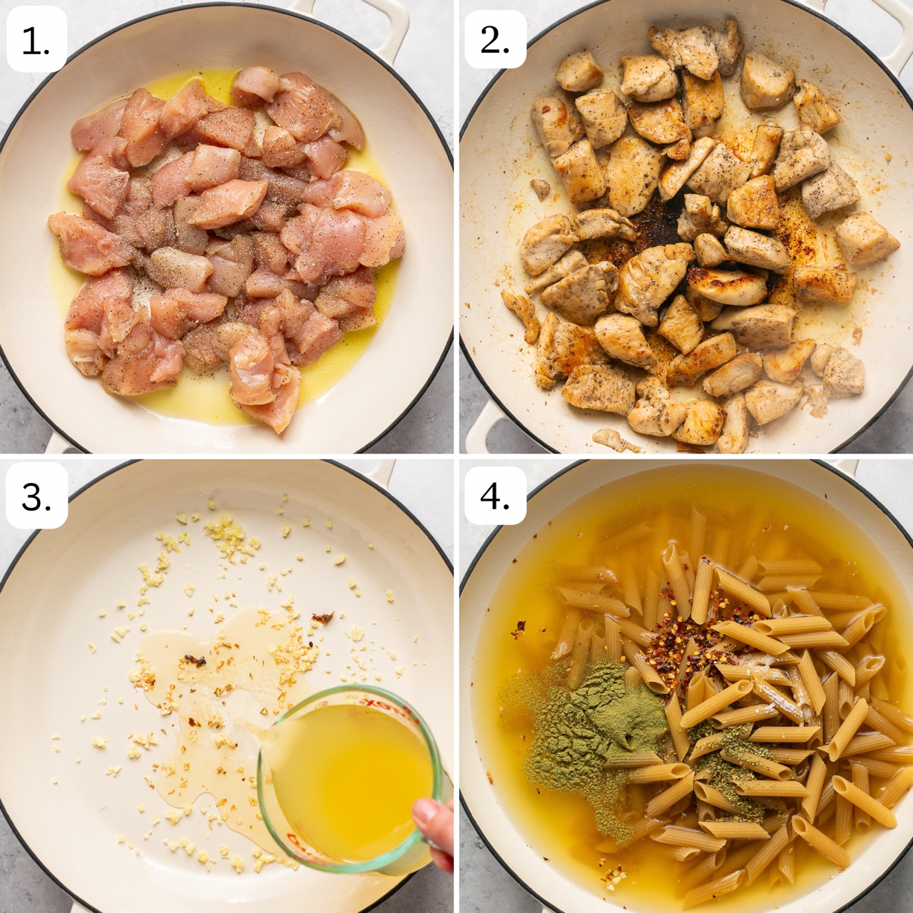 the first four steps for how to make one pot chicken pasta with sundried tomatoes