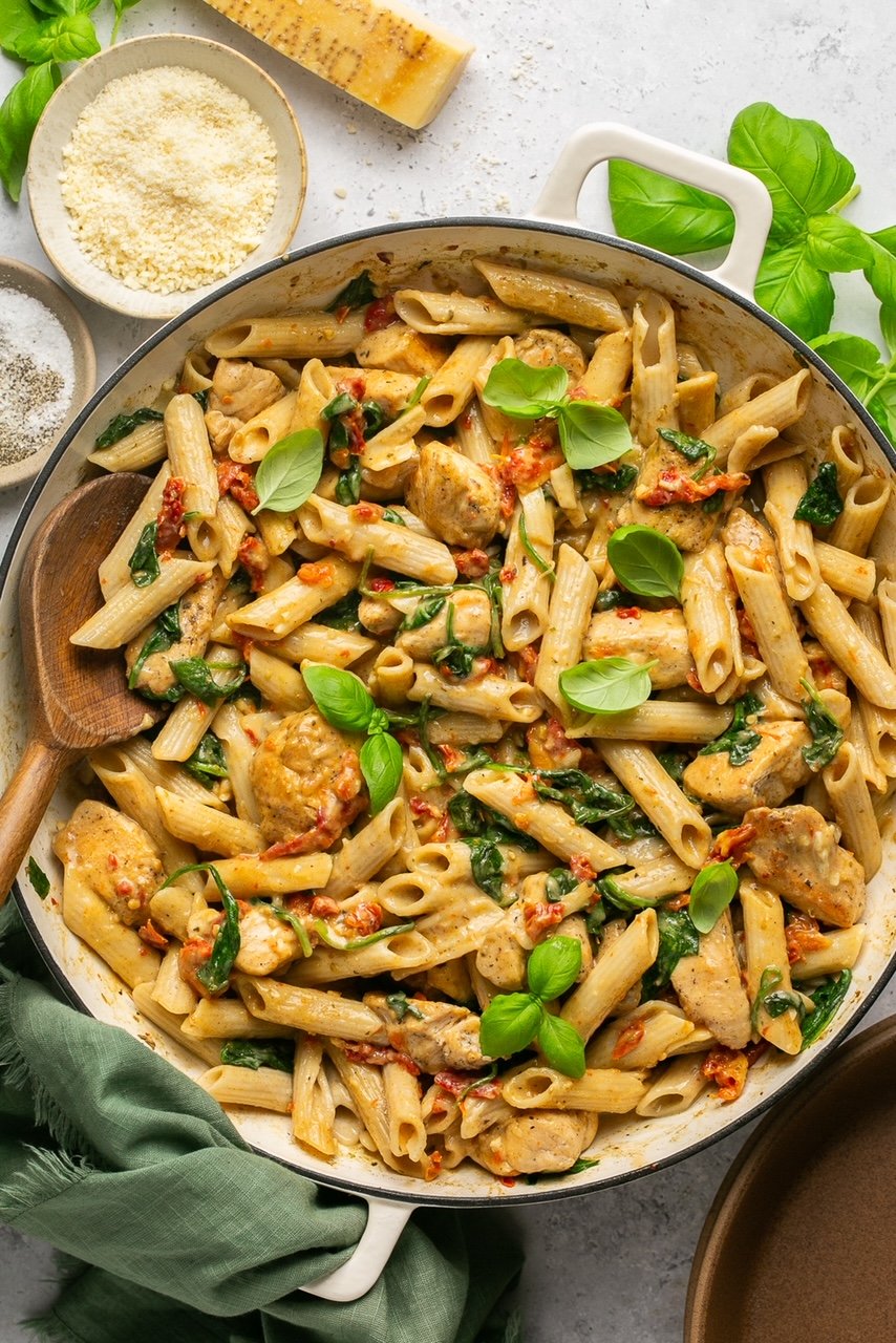Penne pasta with chicken, spinach and sun-dried tomatoes