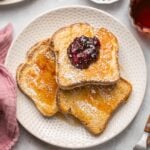 protein french toast on a plate topped with chia jam