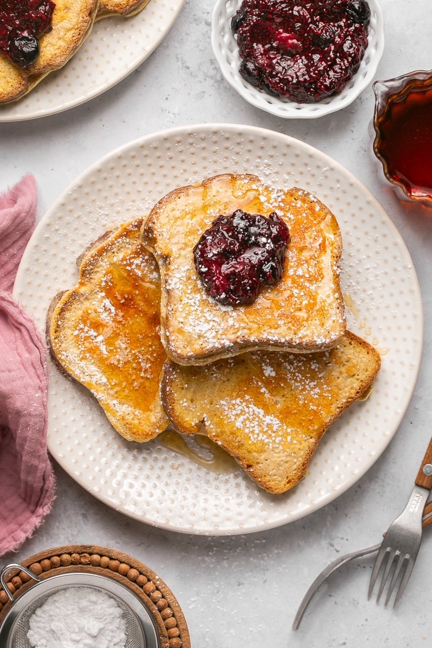 protein french toast on a plate topped with chia jam