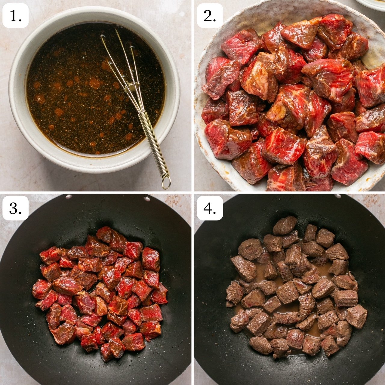 the first four steps for making steak fried rice in 4 quadrants