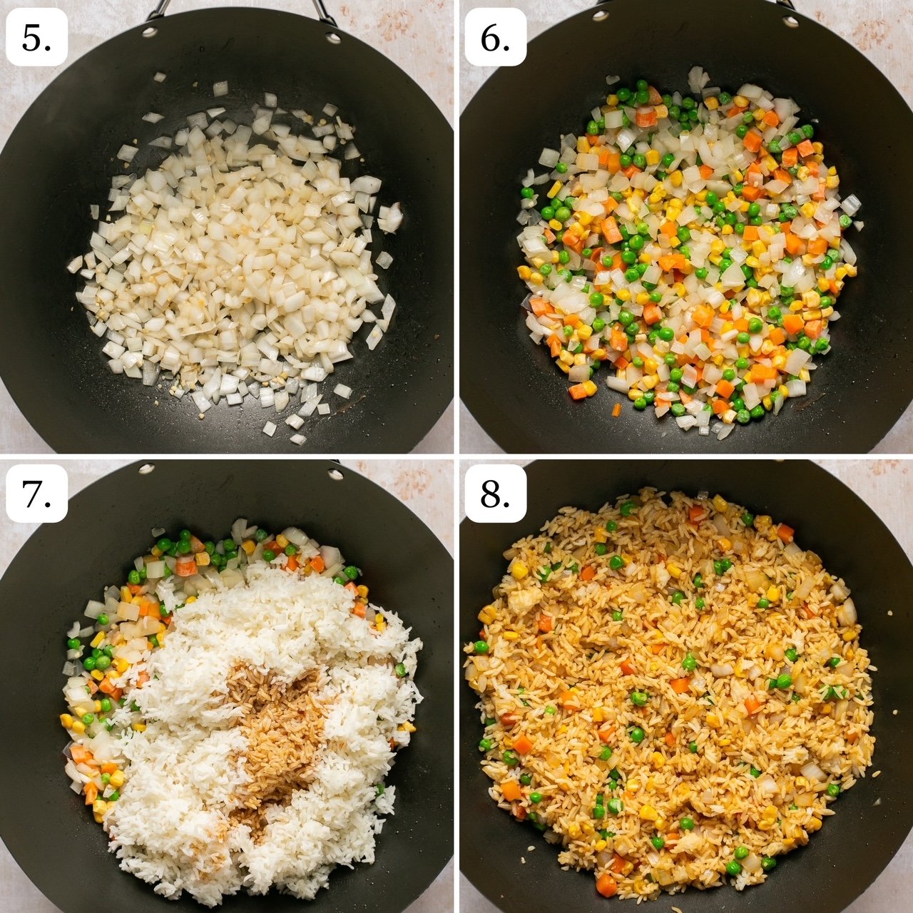 Steps 5-8 for making fried rice in a wok