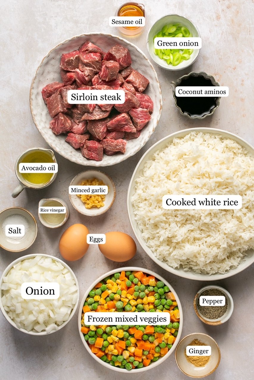 ingredients for steak fried rice in nesting bowls