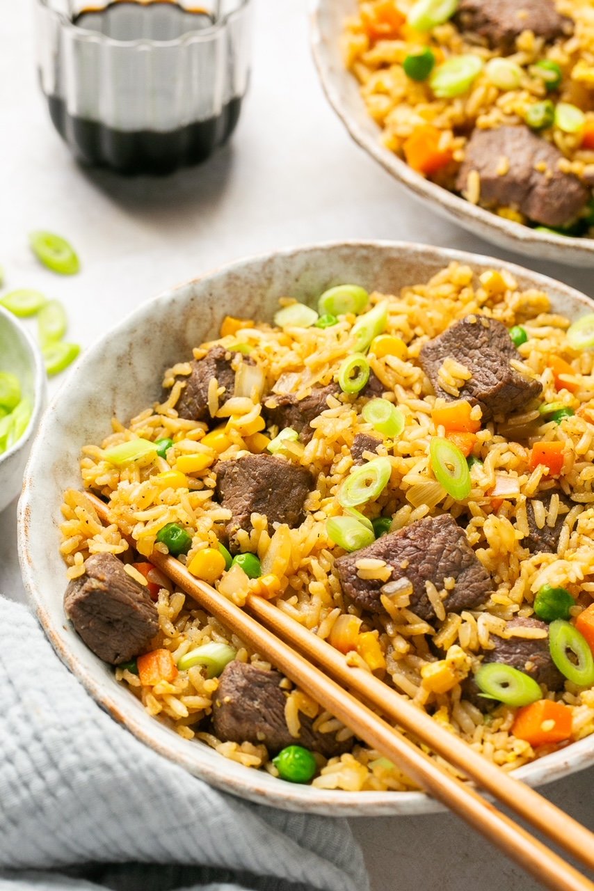 a side view of a bowl of steak fried rice