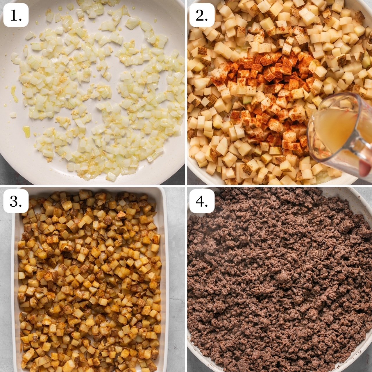 the first four steps for making big mac casserole