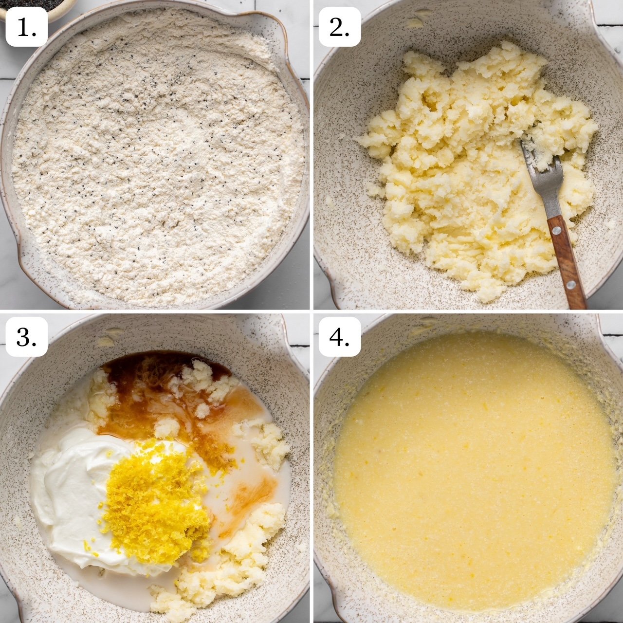 numbered step by step photos showing how to make the muffin batter