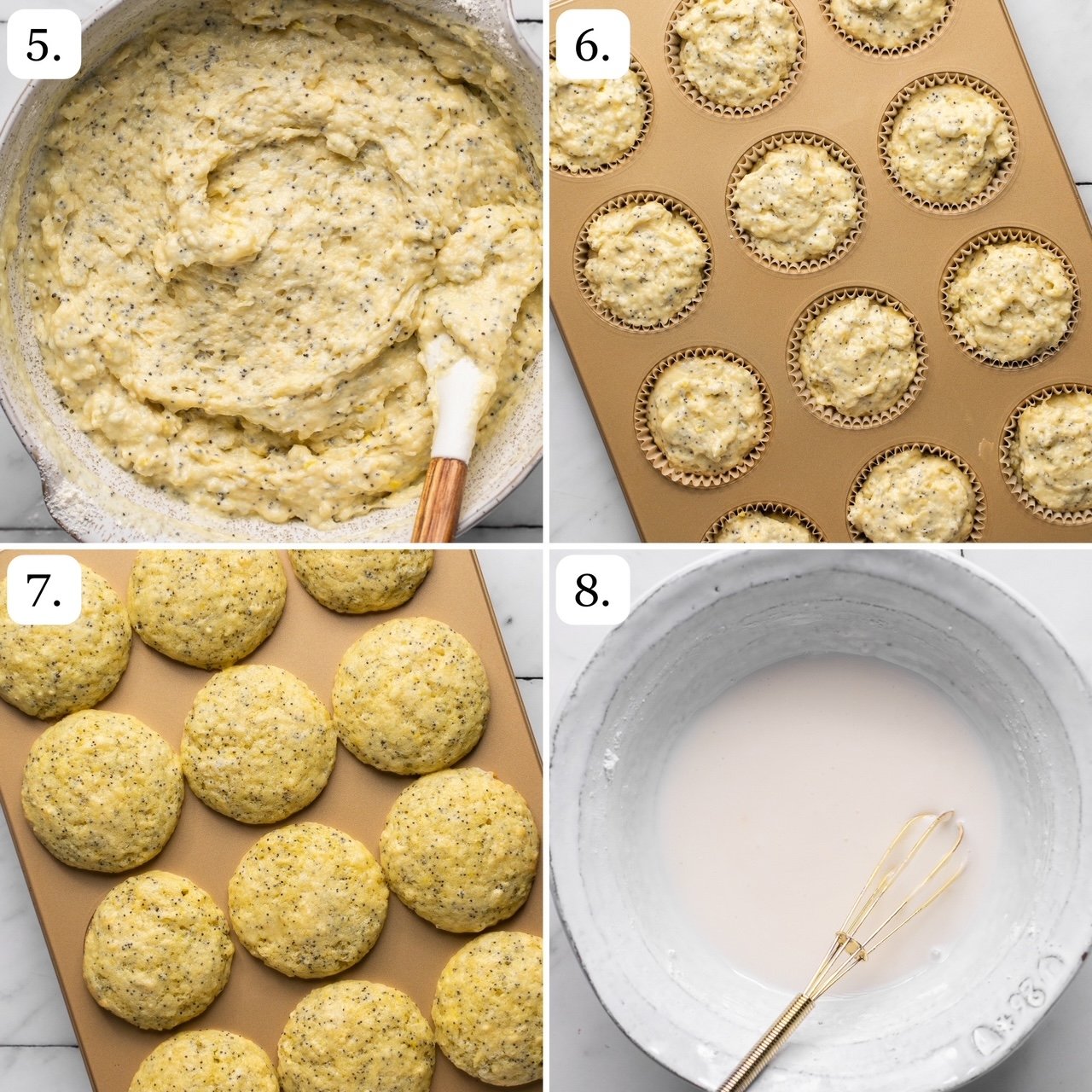 numbered step by step photos showing how to bake the muffins and make the lemon glaze