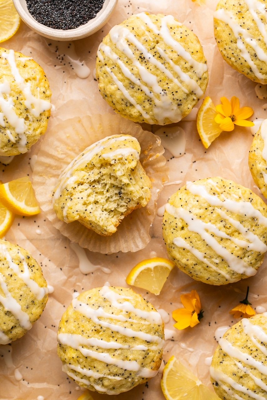 an overhead shot of lemon and poppyseed muffins drizzled with lemon glaze