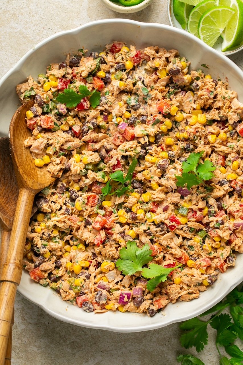 Mexican Tuna Salad in a bowl with a serving spoon