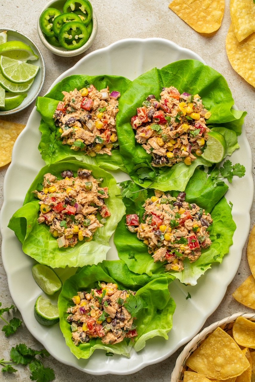an overhead shot of lettuce cups filled with a southwest salad