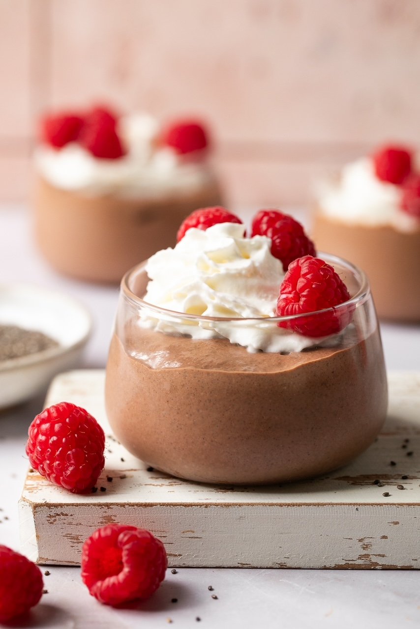 a side view of chocolate protein chia pudding