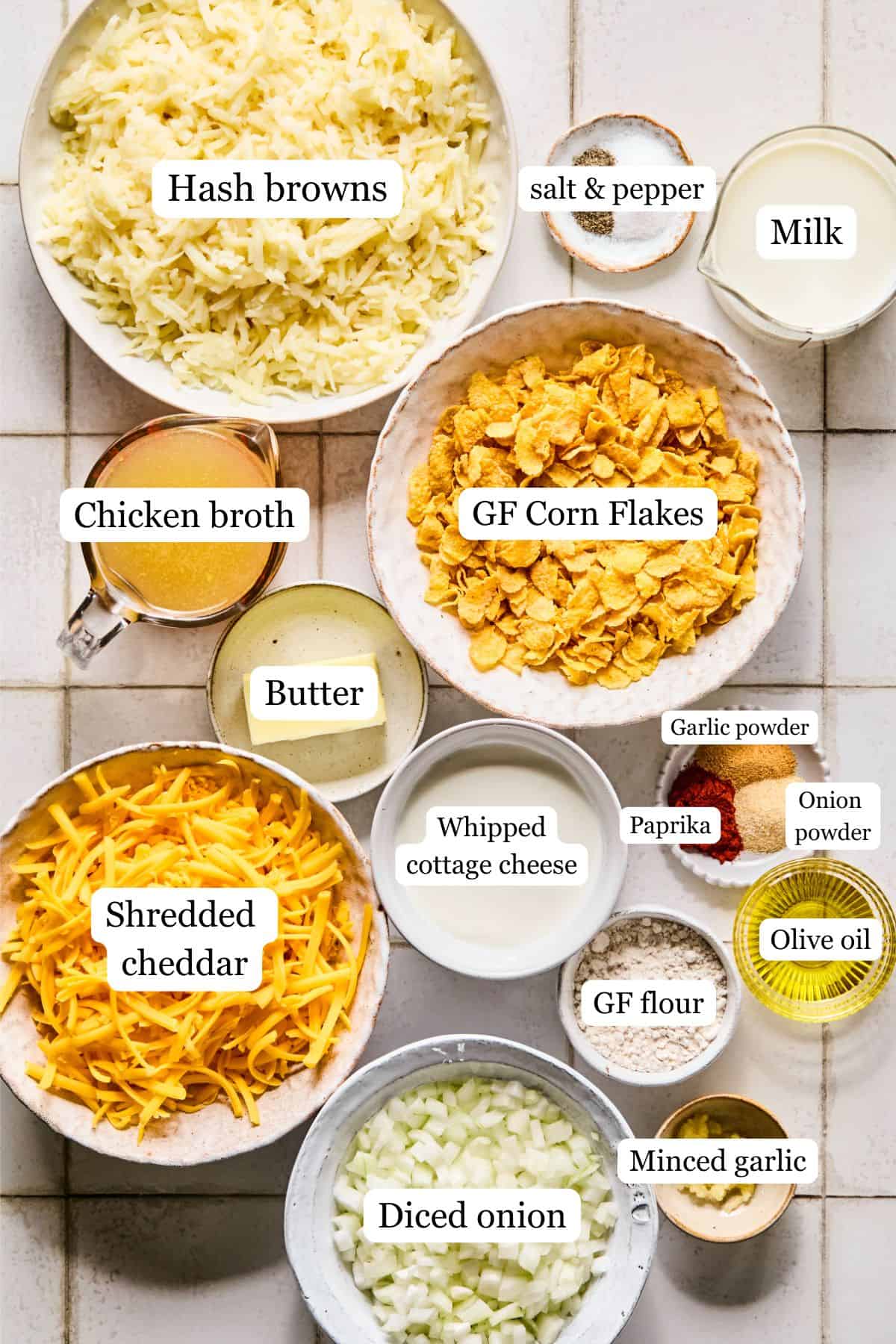 Ingredients for cheesy hashbrown casserole laid out and labeled on a countertop.