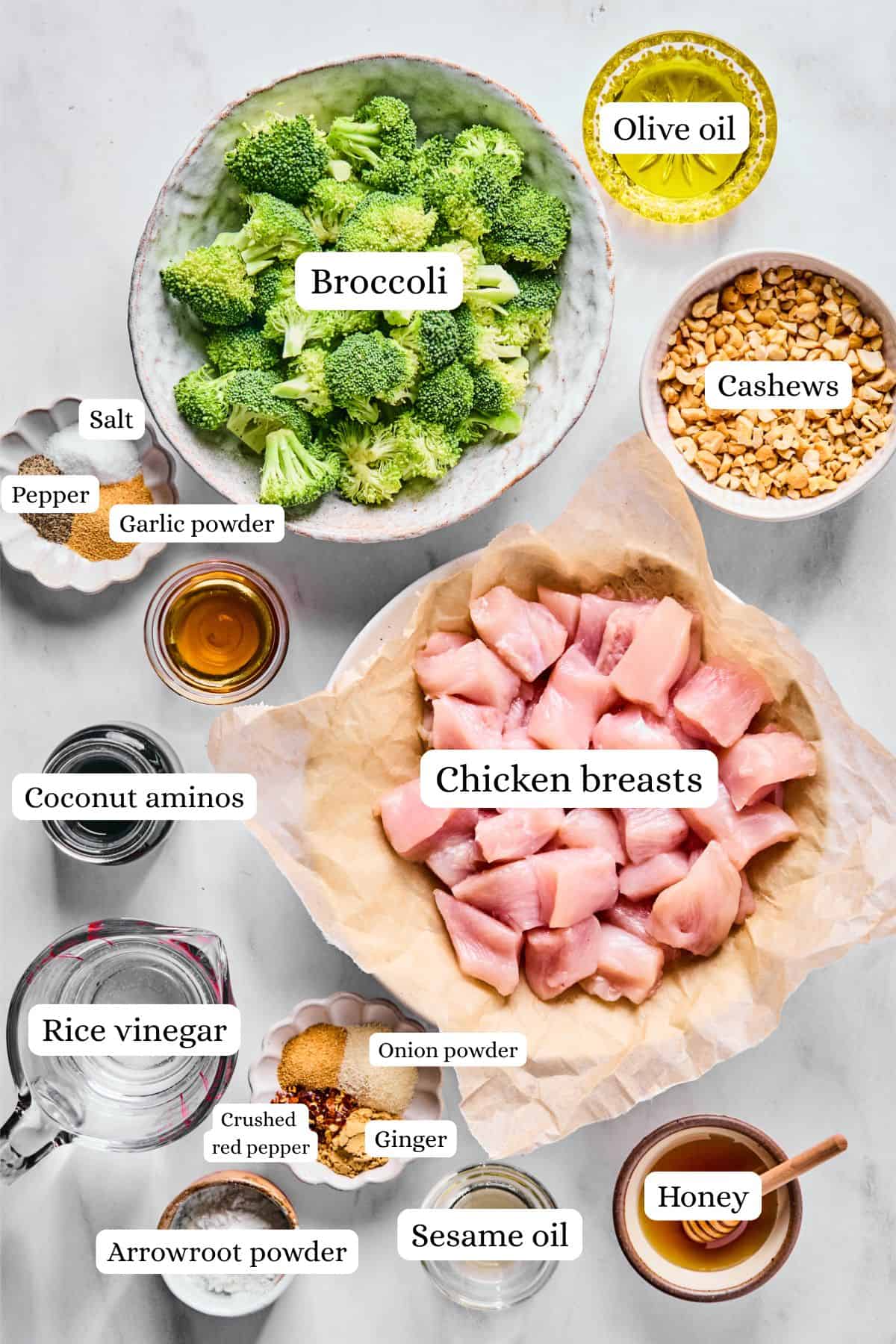 Chicken broccoli stir fry ingredients labeled and laid out on a gray countertop.