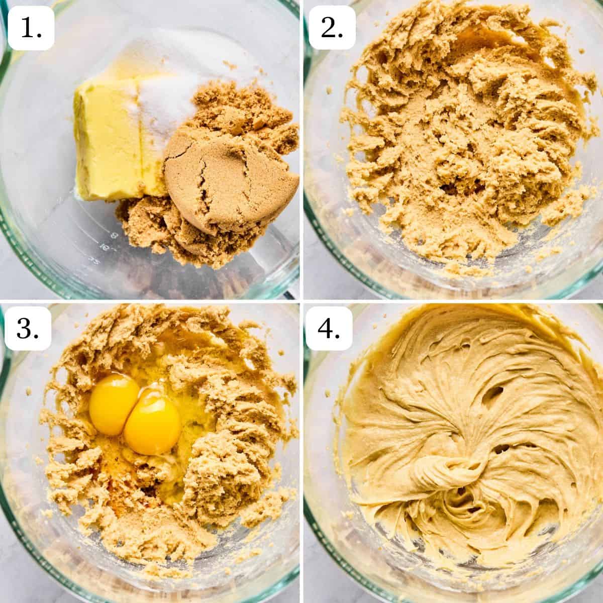 Step-by-step photos for steps 1-4 for hot cocoa cookies (GF).