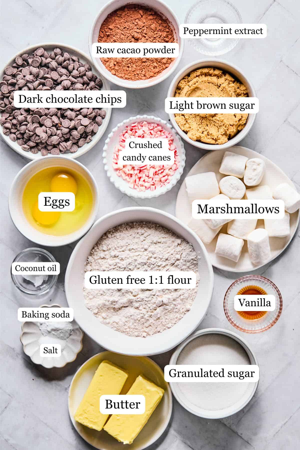 Ingredients for gluten-free hot cocoa cookies laid out and labeled on a white countertop.