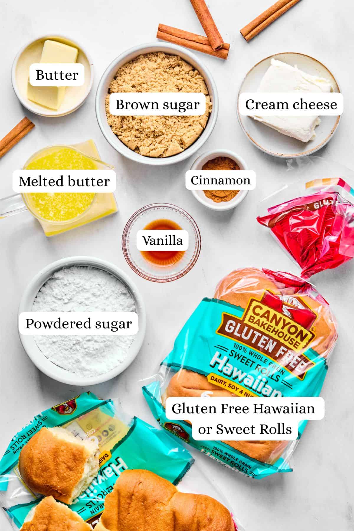 ingredients for Hawaiian Roll Cinnamon Rolls in nesting bowls