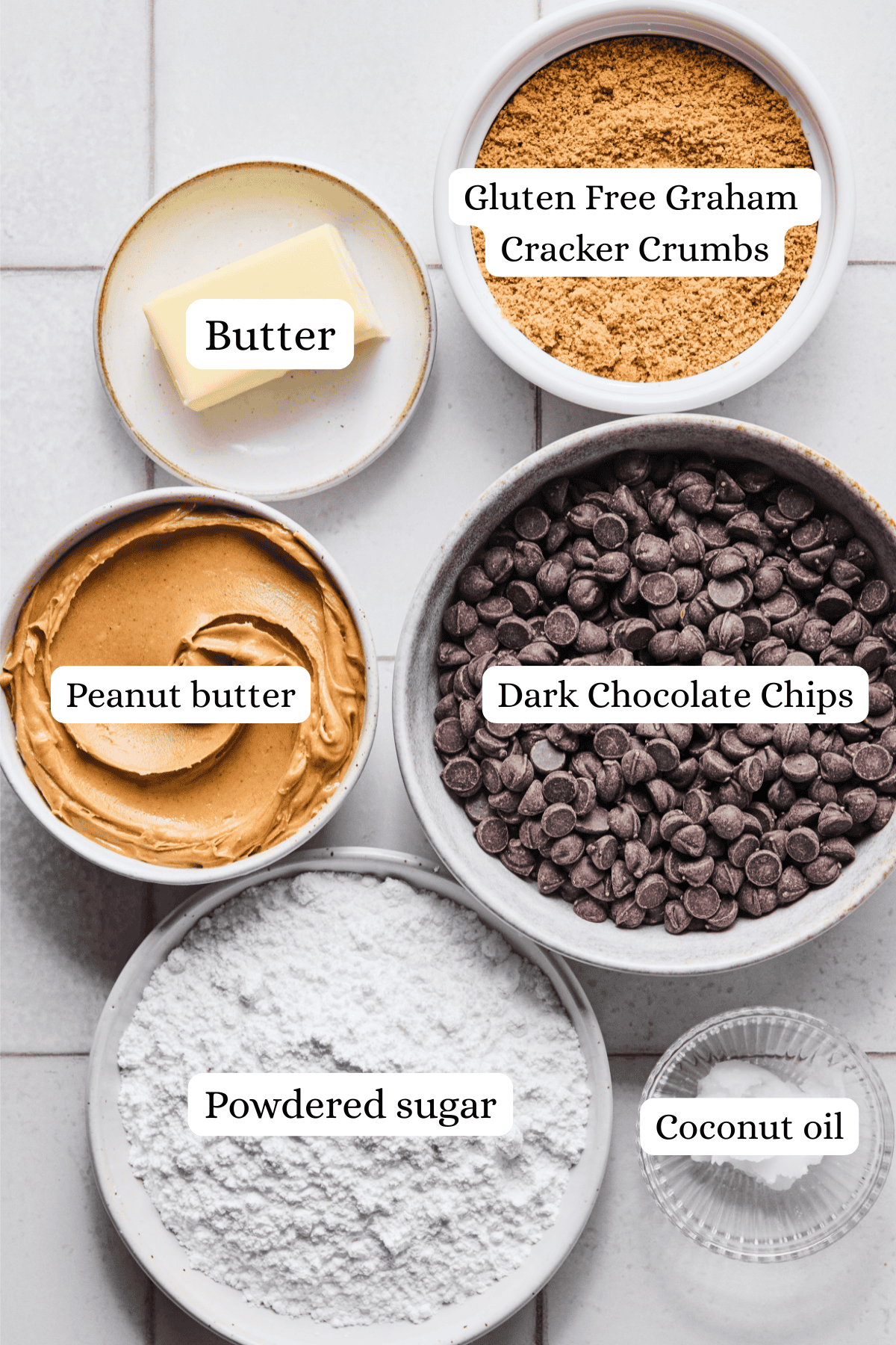 ingredients for gluten free peanut butter balls in nesting bowls