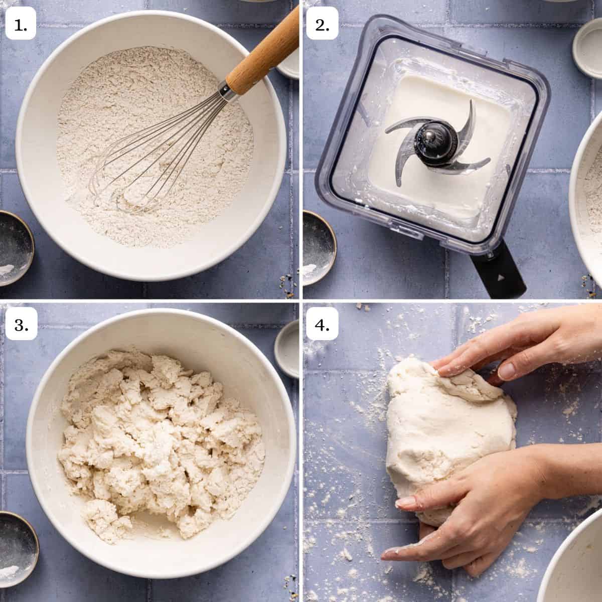 Photo collage of steps 1-4 of how to make cottage cheese bagels.
