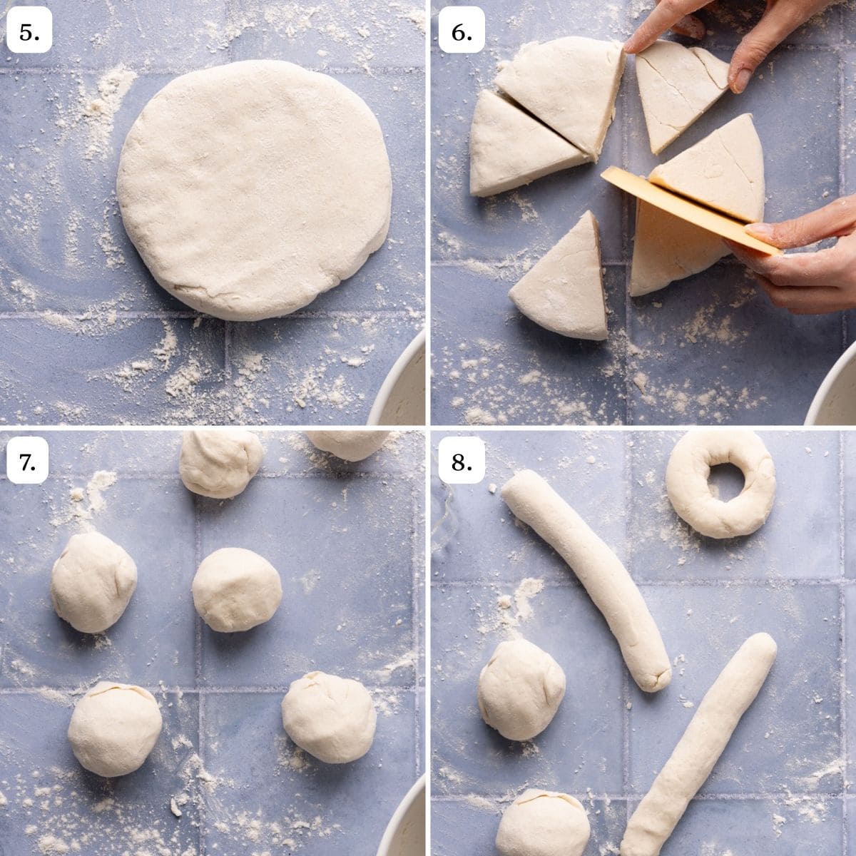 Photo collage of steps 5-8 of how to make cottage cheese bagels.