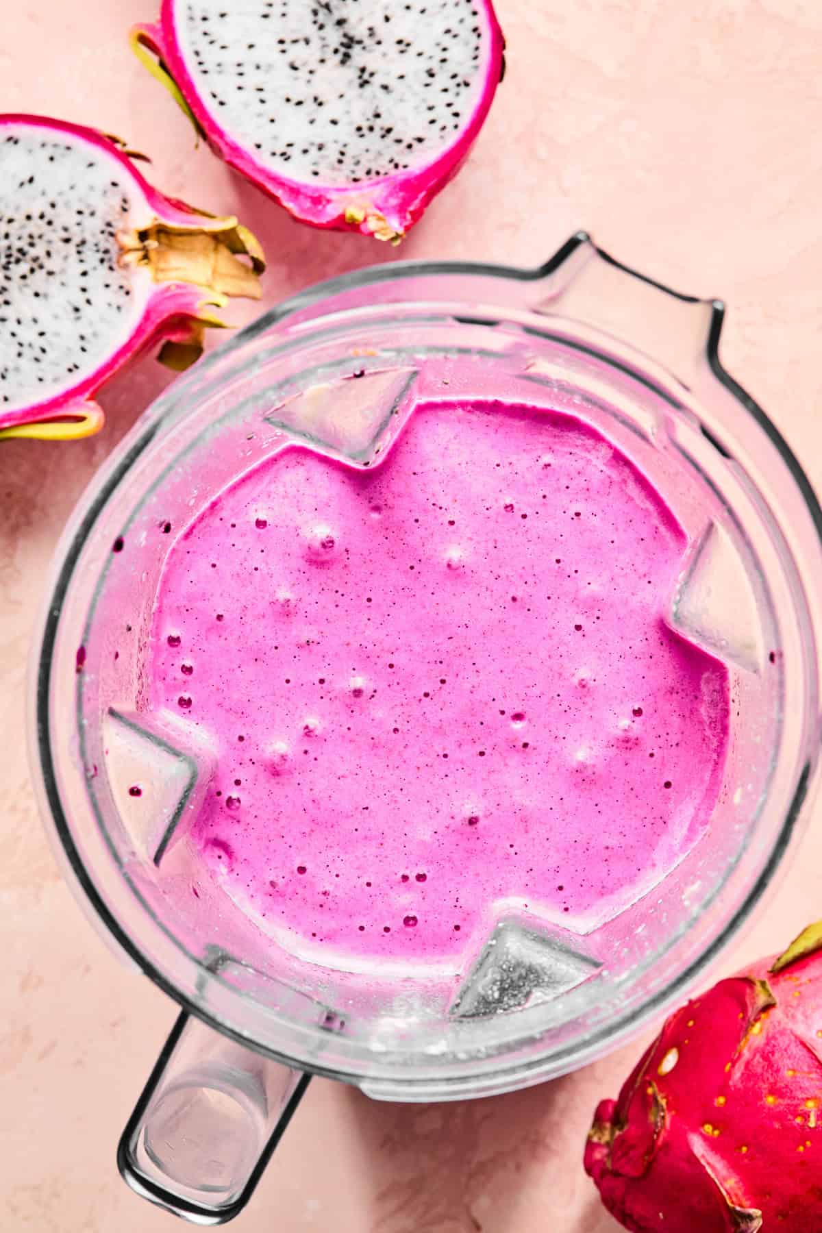 Dragonfruit smoothie blended until smooth and creamy in a high-speed blender.