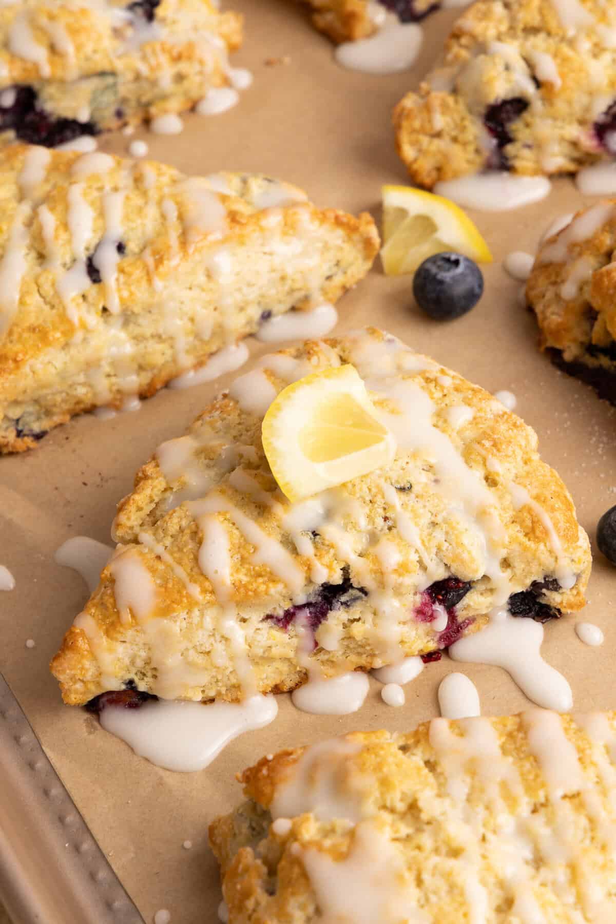 blueberry lemon scones on parchment