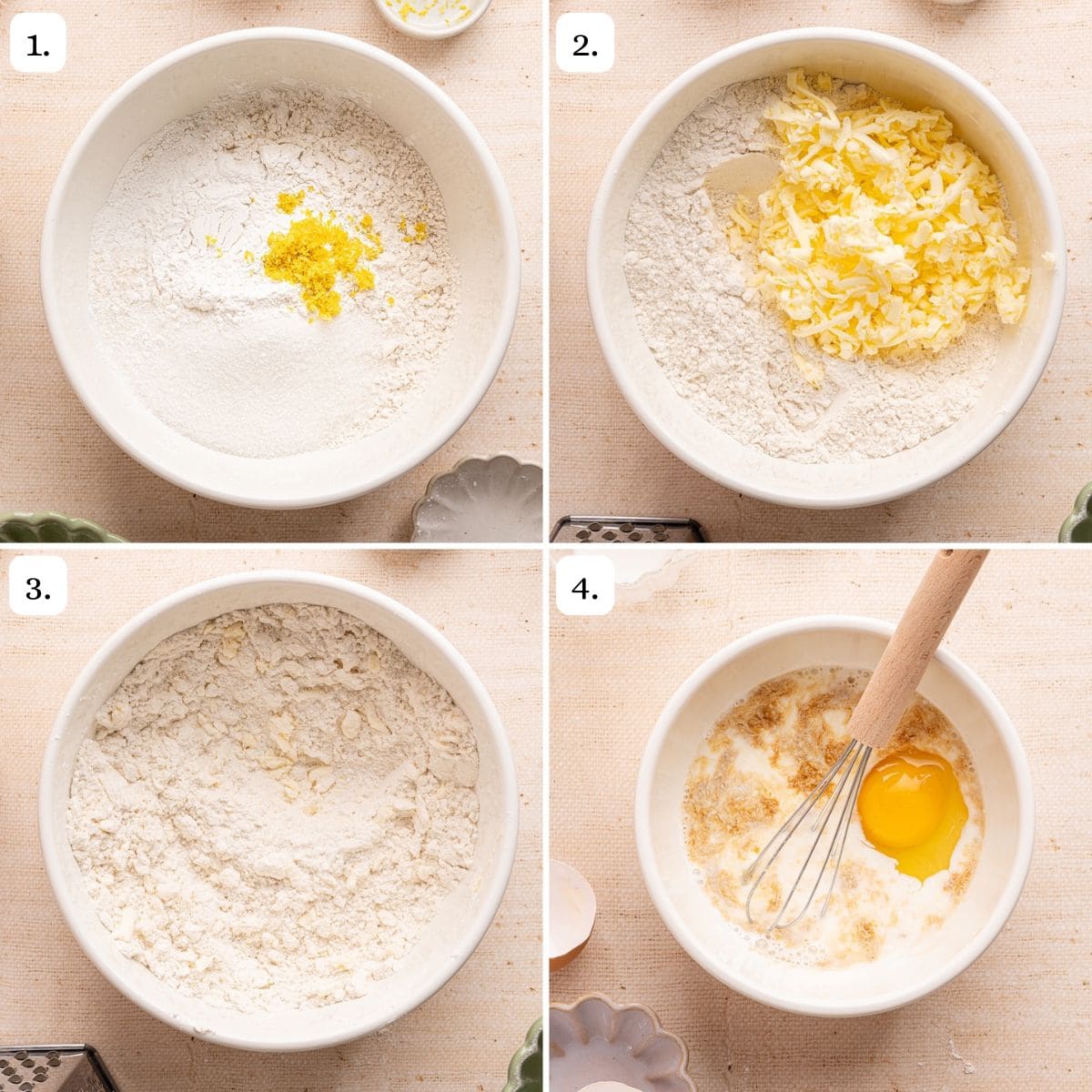 The first 4 steps in making blueberry lemon scones