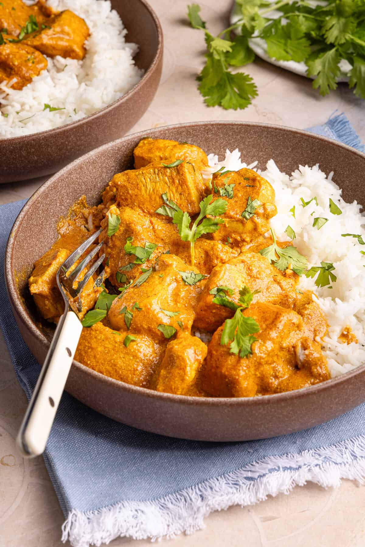 butter chicken over rive in a bowl