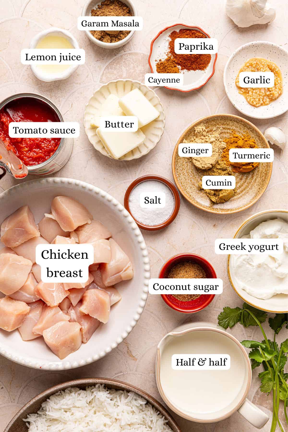 ingredients for butter chicken in nesting bowls