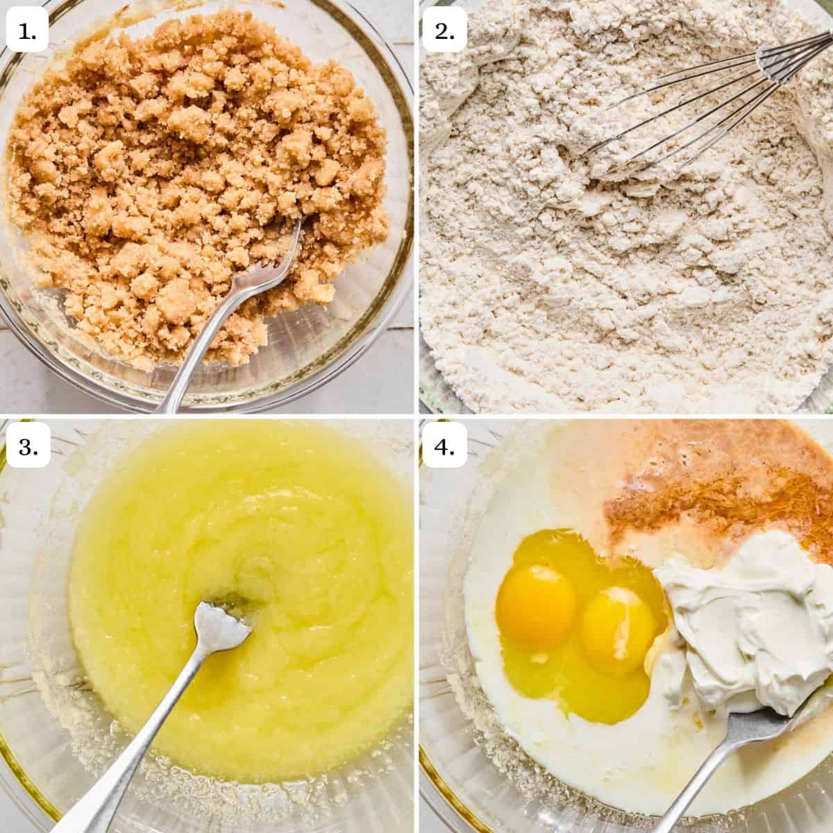 the first four steps for making gluten free coffee cake muffins