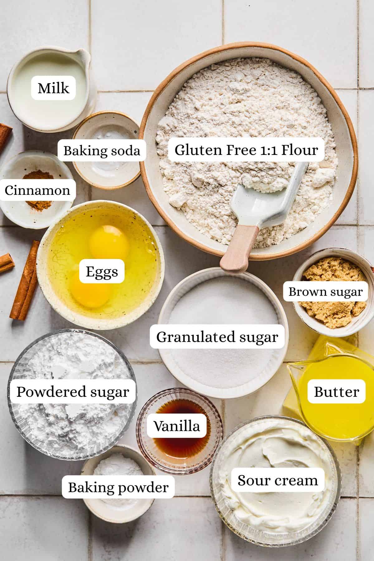 ingredients for coffee cake muffins in nesting bowls