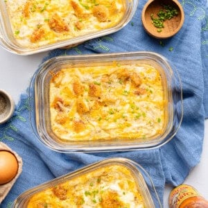 meal prep hash brown scramble bowls on a blue napkin