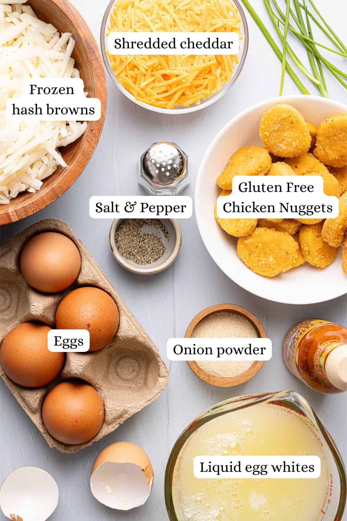 ingredients for chick fil a hash brown scramble bowls in nesting bowls