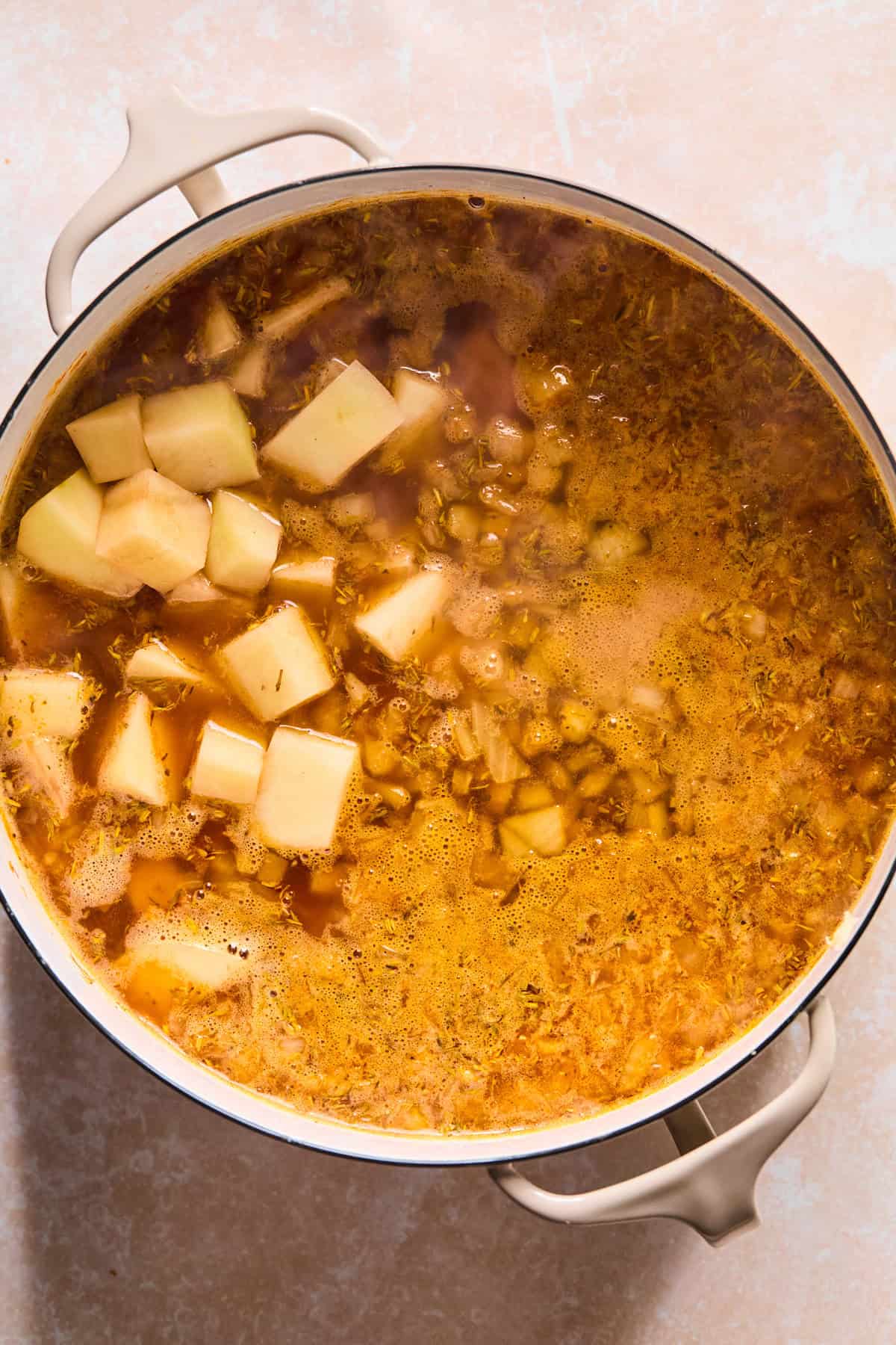 Dutch Oven with soup ingredients.