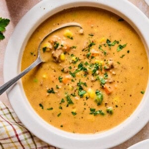 Shepherd's Pie Soup in a bowl topped with parsley