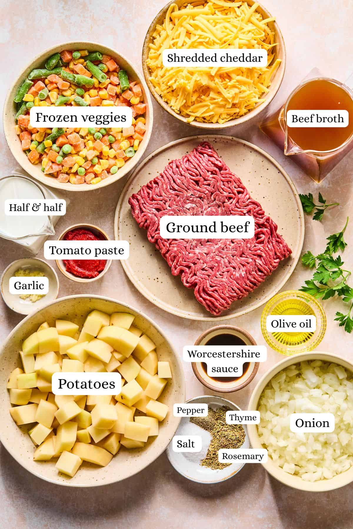 Shepherd's pie soup ingredients laid out and labeled.