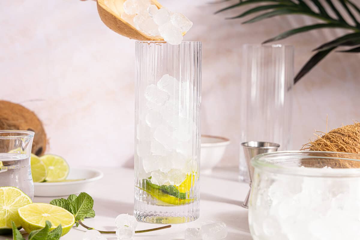 ice being poured into a glass