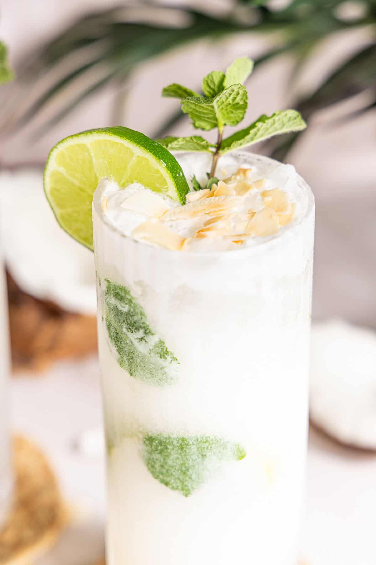 a coconut mojito in a glass with a lime wheel and mint close up