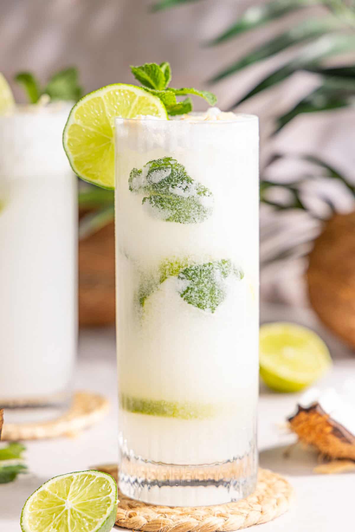 a coconut mojito with a lime wheel garnish and mint