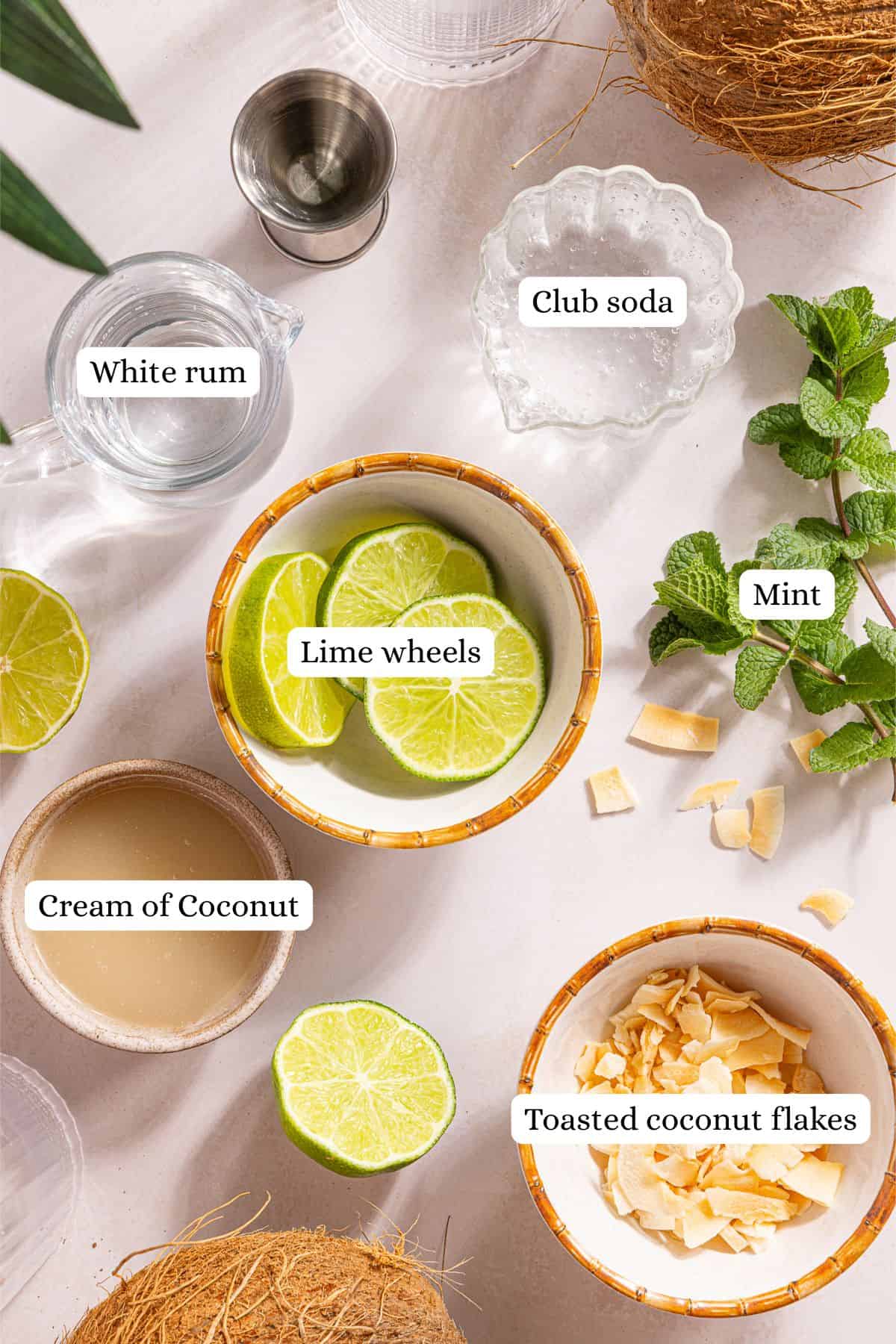 ingredients for coconut mojitos in nesting bowls