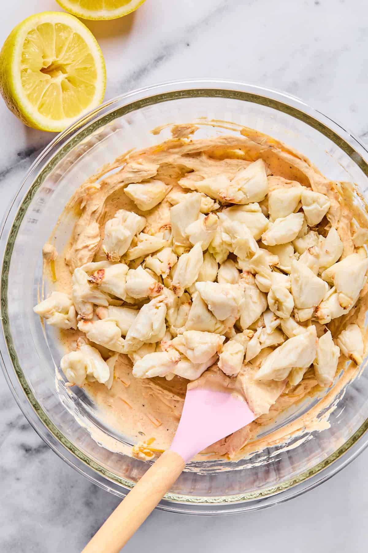 Lump crab meat gently folded into the dip to keep large pieces intact.